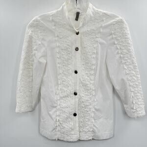 XCVI Crochet & Lace Snap Front Shirt Size XS White Boho Feminine Stretch Beachy